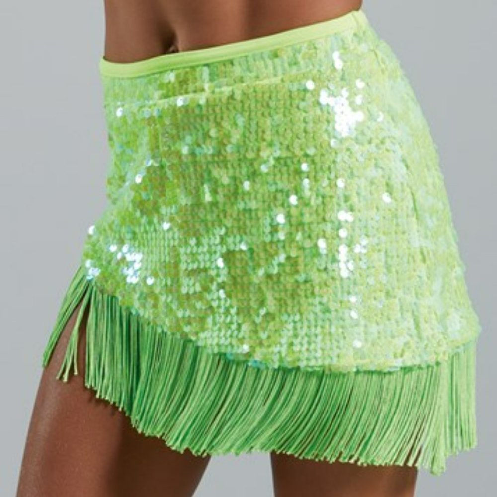 Lime Green ASYMMETRICAL SEQUIN DANCE SKIRT WITH FRINGE